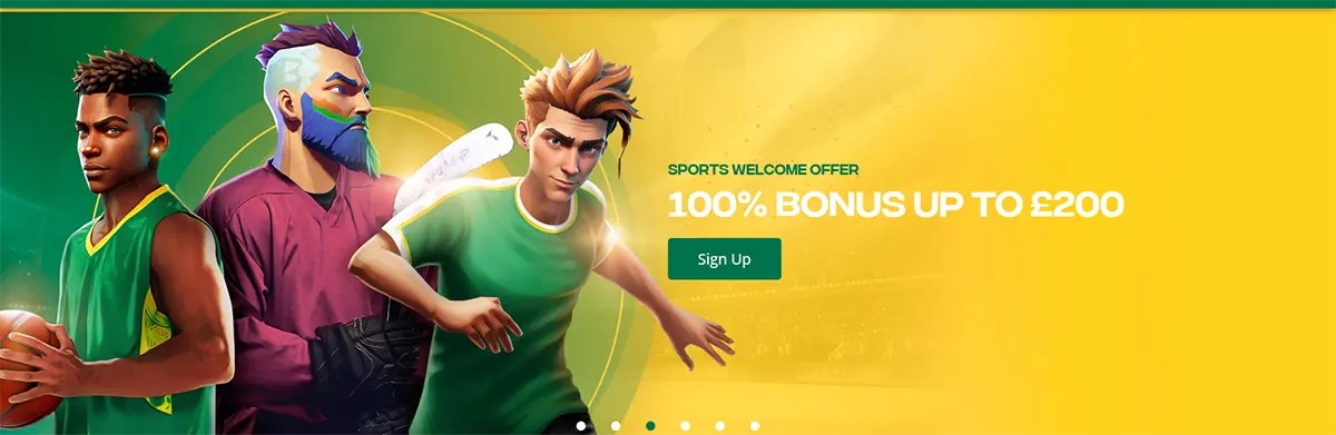 Green-and-yellow sports promo banner with three illustrated athletes and the text “Sports Welcome Offer – 100% Bonus up to £200,” plus a “Sign Up” button and carousel dots below.