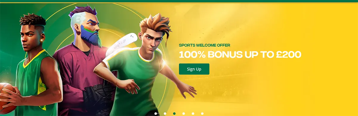 Green-and-yellow sports promo banner with three illustrated athletes and the text “Sports Welcome Offer – 100% Bonus up to £200,” plus a “Sign Up” button and carousel dots below.