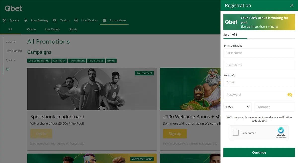 Qbet “All Promotions” page with green header and campaign tabs, showing promo tiles (e.g., sportsbook leaderboard) while a right-side “Registration” pop-up (step 1 of 3) asks for name, email, password, phone number, and includes a reCAPTCHA and “Continue” button.