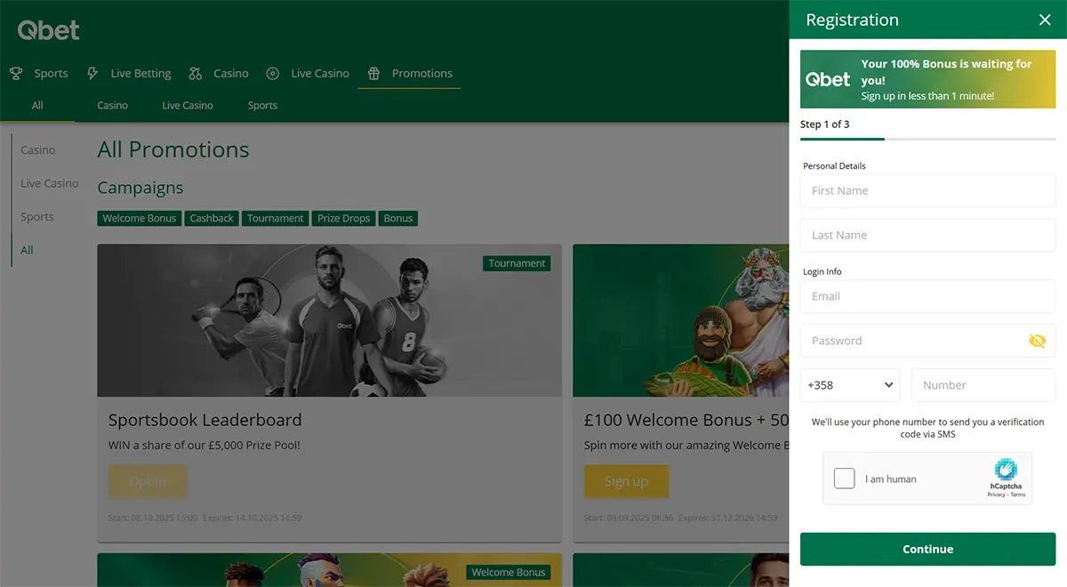 Qbet “All Promotions” page with green header and campaign tabs, showing promo tiles (e.g., sportsbook leaderboard) while a right-side “Registration” pop-up (step 1 of 3) asks for name, email, password, phone number, and includes a reCAPTCHA and “Continue” button.